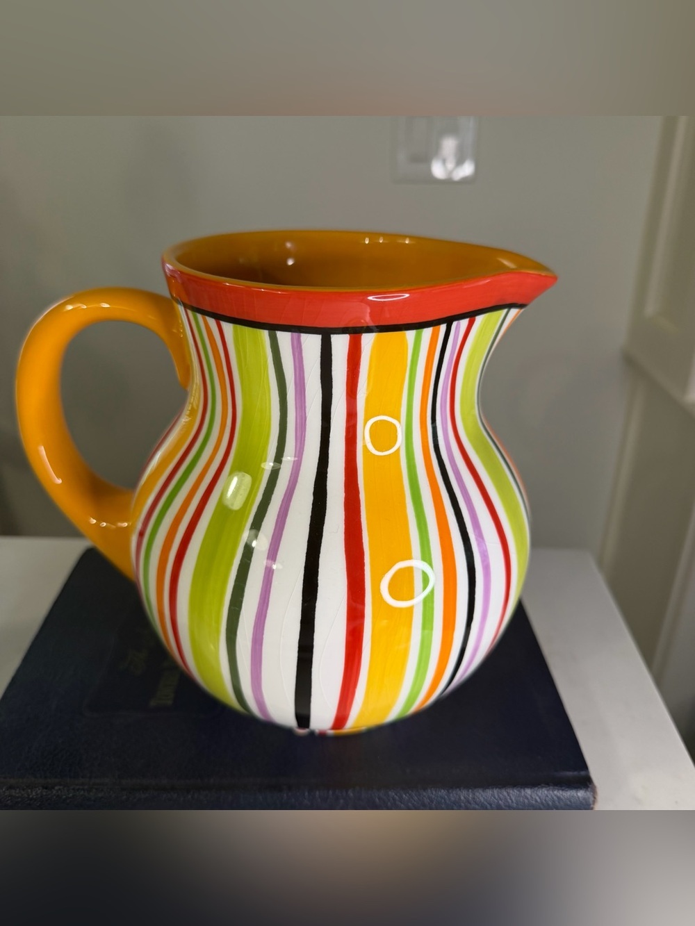 Crate&Barrel Multicolor Striped Ceramic Pitcher with Orange Rim